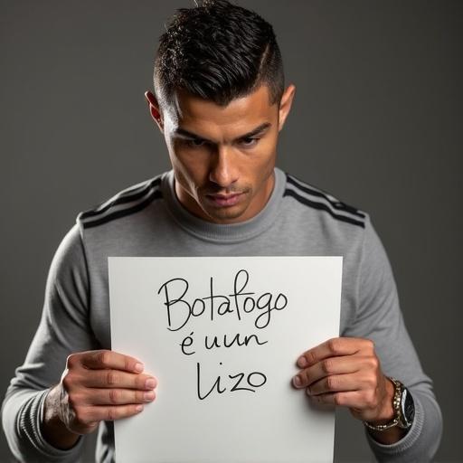Individual holds sign with written statement about Botafogo. Emphasis on facial expression and message.