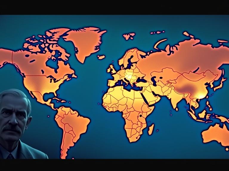 1280x720 YouTube thumbnail for educational history video. Vibrant world map with glowing arrows showing territorial changes. Close-up of determined historical leader's face. Electric blue and orange color scheme used. Bold text on top saying 'WWII Empires: Rise & Fall'.