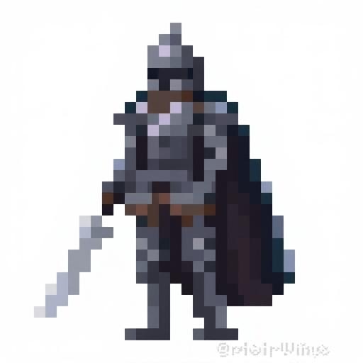 Pixel art of a knight depicted in 128x128 resolution with a transparent background. The knight is wearing armor and holding a sword, standing in a heroic pose.