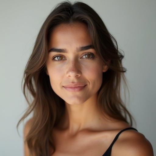 Studio headshot portrait of a young woman in her mid-twenties with warm neutral expression. Soft flattering lighting creates catchlight in her eyes. Background is smooth off-white seamless paper. Shallow depth of field with blurred bokeh. Captured with high-end professional camera and premium portrait lens. Clean refined cinematic look showcasing natural beauty.