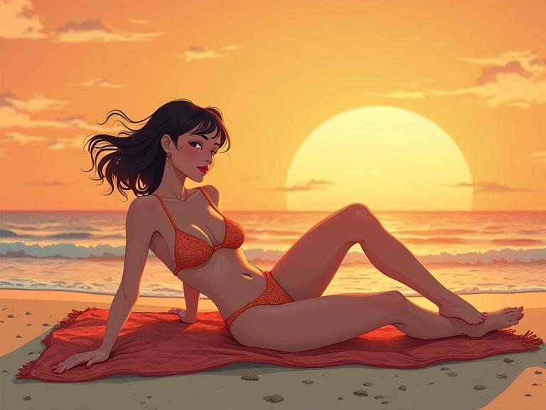 Cartoon woman in bikini sunbathing on beach. She rests on blanket with one leg vertical. Background features a sunset over the ocean. Warm colors dominate the scene.