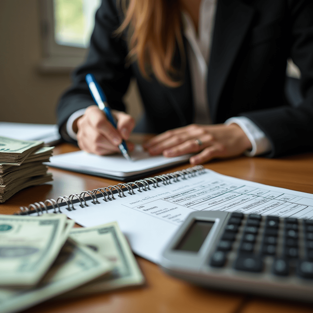 A person in a suit is writing in a notebook atop a desk filled with cash, documents, and a calculator.