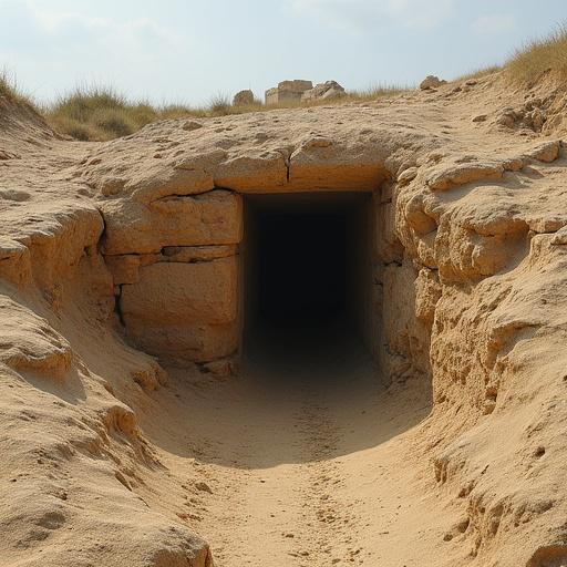 Desert landscape with a tomb entrance partially covered by sand. The entrance has a visible lintel. Nearby, archaeological tools like picks and brushes appear abandoned. Fine sand swirls slightly around the site, creating a sense of abandonment.