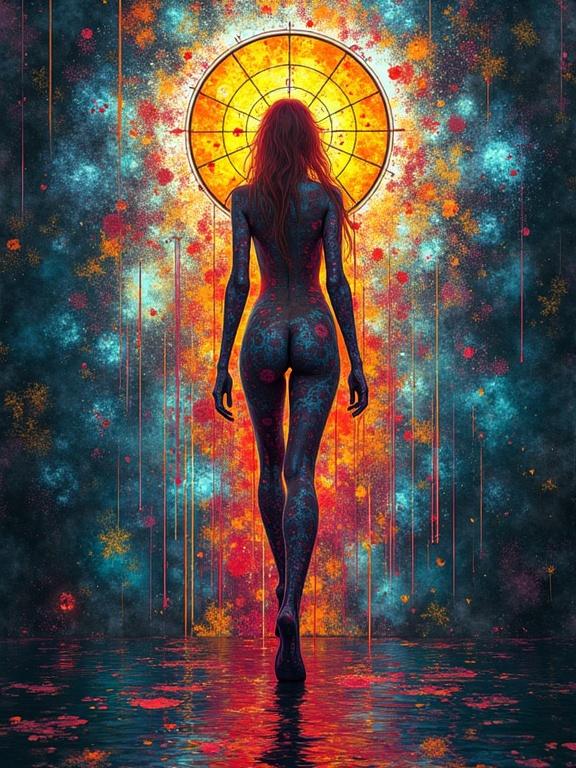 Celestial nude deity walking toward a glowing pattern. Background filled with vibrant colors. Body decorated with intricate patterns. Scene evokes a mystical atmosphere.