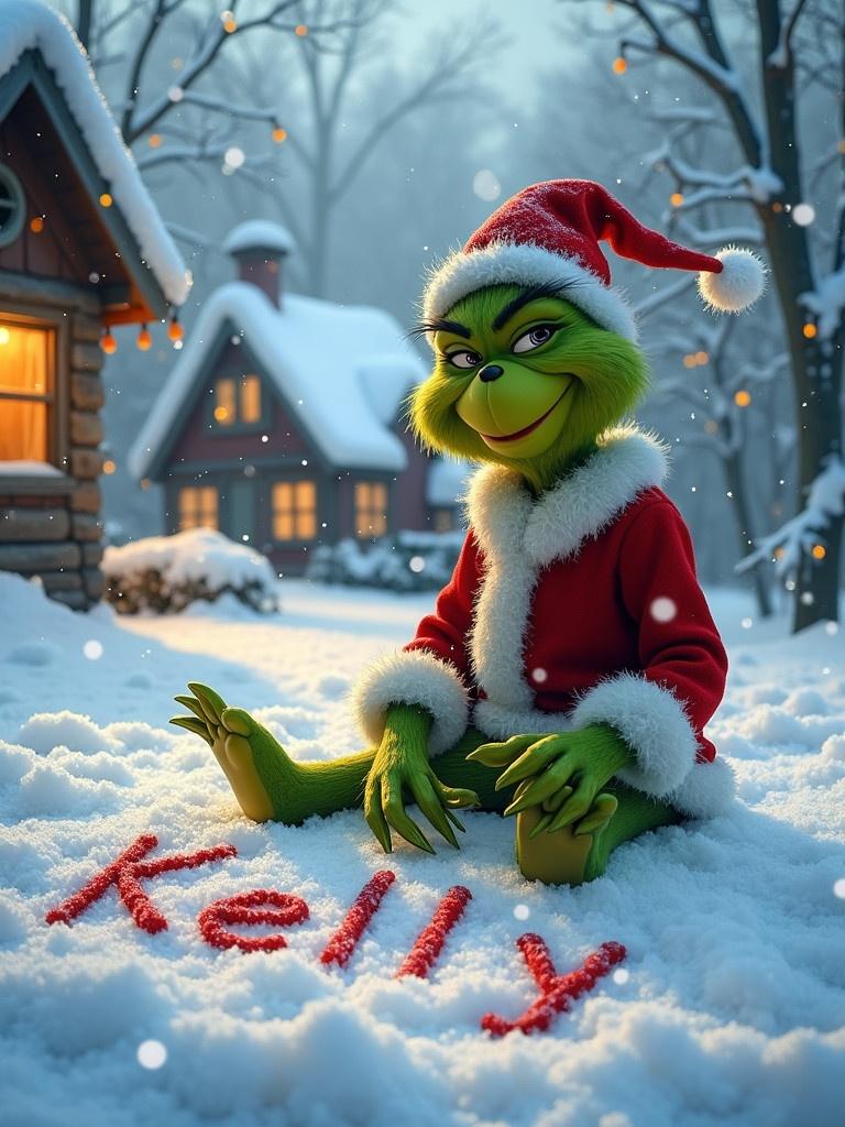 Grinch wearing a red and white Christmas outfit. Grinch writing name 'Kelly' in snow. Snowflakes falling around. Cozy cottages with lights in background. Scene illustrates joy and creativity.