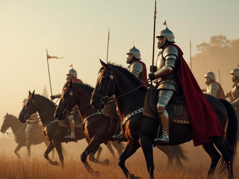 An army dressed in armor riding horses is depicted in a battle-ready pose. The scene captures a sense of urgency and readiness for combat. The knights are wearing helmets and capes, holding spears as they pose on their majestic horses.