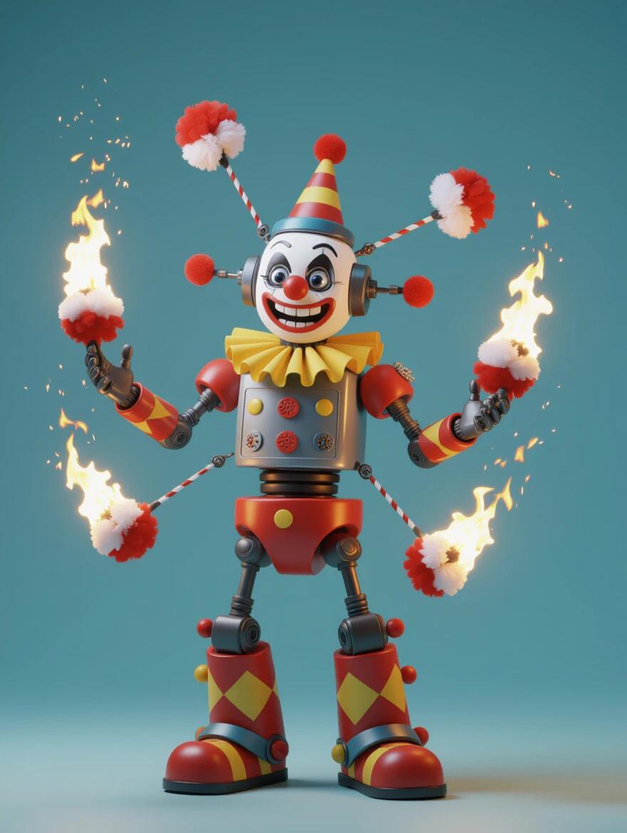 A colorful robot clown juggling five flaming pom poms in a digital art style. The clown has a big smile and features typical of a circus character. It has metallic limbs and vibrant colors, creating a fun and dynamic scene. Background is a solid light blue to make the character pop.