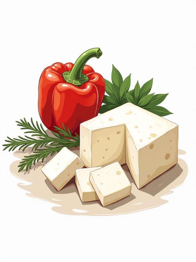 Stroke simple bold illustration of feta cheese cubes with a red bell pepper and fresh oregano leaves.