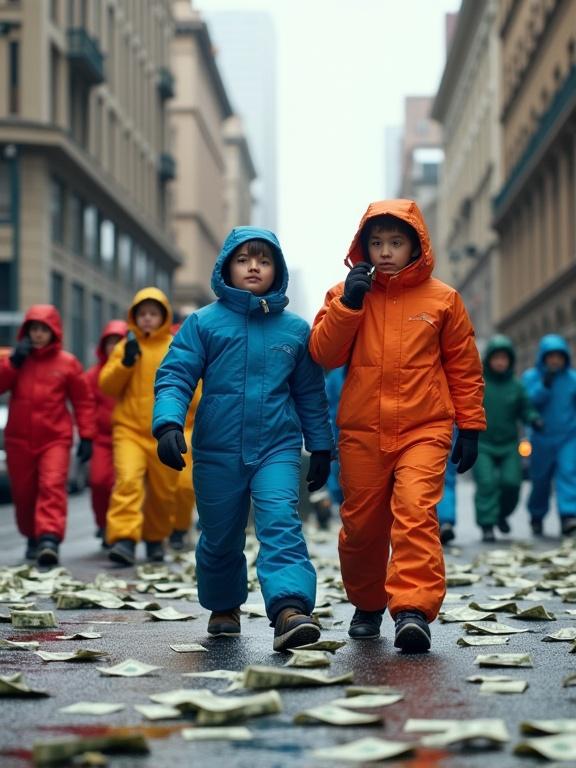 A group of brightly colored winter jumpsuits stands in the middle of a city street during winter. They appear empty, arranged like a protest crowd with some raising blank signs. The ground is scattered with crumpled US hundred-dollar bills. The scene features tall buildings and a realistic cityscape with soft natural lighting.