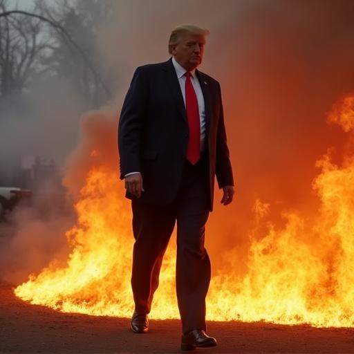 Donald Trump walking over flames in a dramatic setting with intense lighting and an empowering stance.