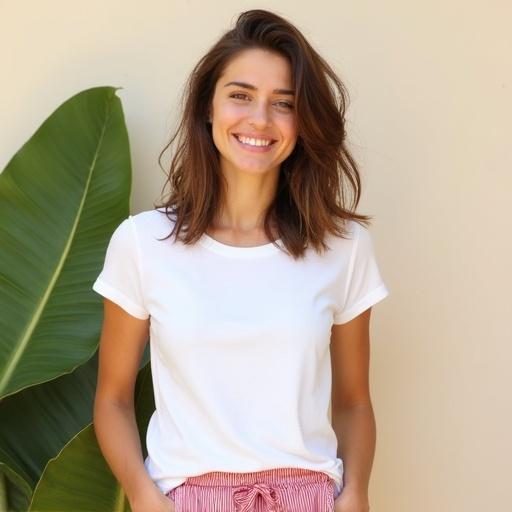 A young woman with shoulder-length wavy brown hair smiles warmly at the camera. She wears a white T-shirt and red pinstriped shorts. Her left hand is in her pocket. The simple background is a light-colored wall with a large green leaf visible. Bright natural lighting enhances the scene.