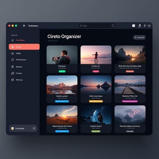 A desktop software user interface named Video Organizer features a sleek dark theme. The left sidebar contains collapsible sections titled Tutorials Client Work and Personal. The main content area displays a grid of video thumbnails labeled with file name duration and colorful tags like b-roll cinematic and client work. A top bar includes a search field and filter options for tags and categories. The layout uses minimal flat design inspired by macOS aesthetics with rounded corners subtle shadows and soft glow highlights. No branding or icons are present.