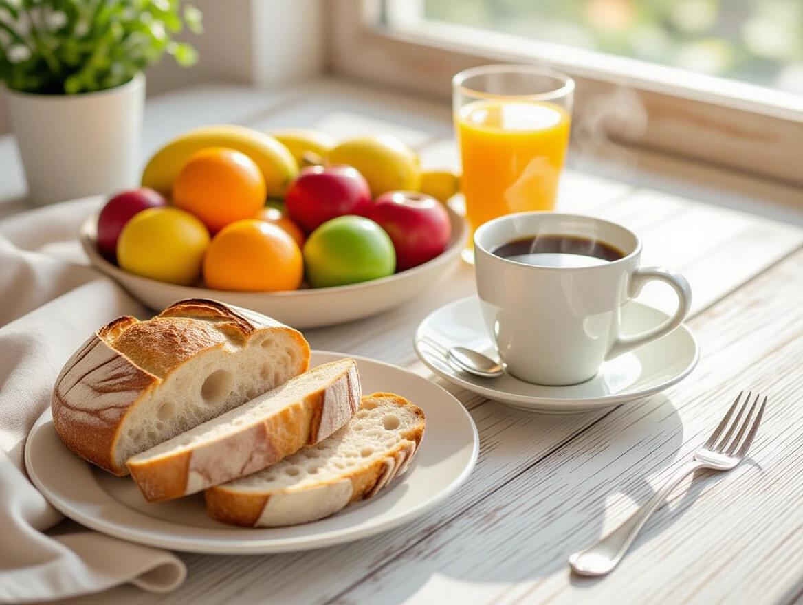 High angle view of a rustic wooden table with a plate of sliced artisanal bread. Colorful fruits in a bowl and a steaming cup of coffee nearby. Soft morning light creates a cozy ambiance.