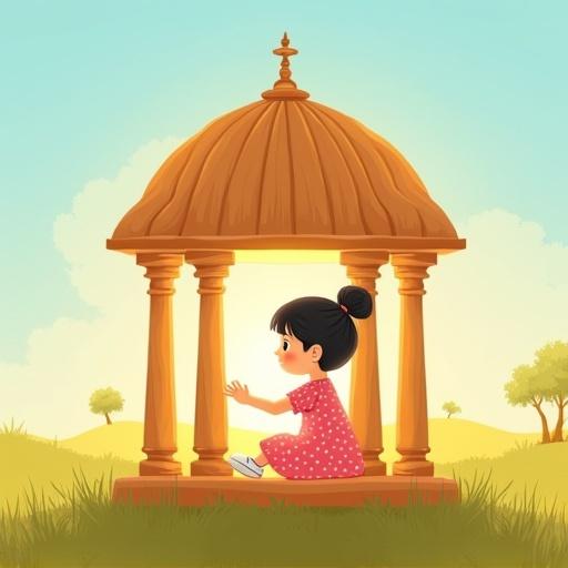 Children's book cover illustration featuring a large wooden house with a dome roof. The house has five columns; one column glows softly. A girl sits inside the house, interacting with the column. She wears a pink dress with polka dots and white shoes. The background has soft grass, blue sky, and warm sunlight. The style is emotional, peaceful, and child-friendly with ample empty space for text.