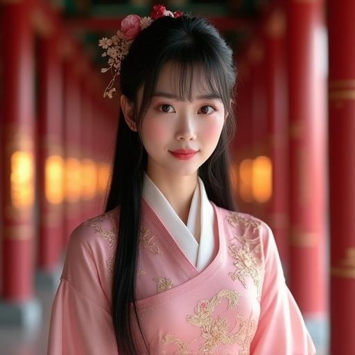 Ultra-realistic portrait of an elegant East Asian woman with porcelain skin and soft pink blush on glowing cheeks. She has large brown eyes with a confident gaze. Her long straight black hair features blunt-cut bangs framing her face elegantly. She wears a luxurious pink silk hanfu-style dress with golden embroidery and floral motifs. The dress has a fitted bodice enhancing her full bust and a slim waist. Flowing sleeves and shimmering fabric catch the light beautifully. Her pose is graceful and poised. The background depicts an ancient Chinese temple with red pillars and glowing golden lights creating a warm ambiance. Rich colors and cinematic composition.