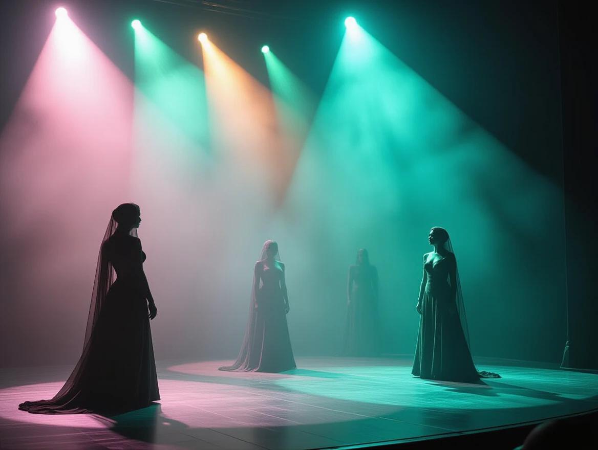 Dimly lit theater stage with ethereal shadowy figures manning the area. Neon lights emit hues of green and orange. Eerie costumes enhance the atmosphere. Ethereal elegance surrounding the dim theater.