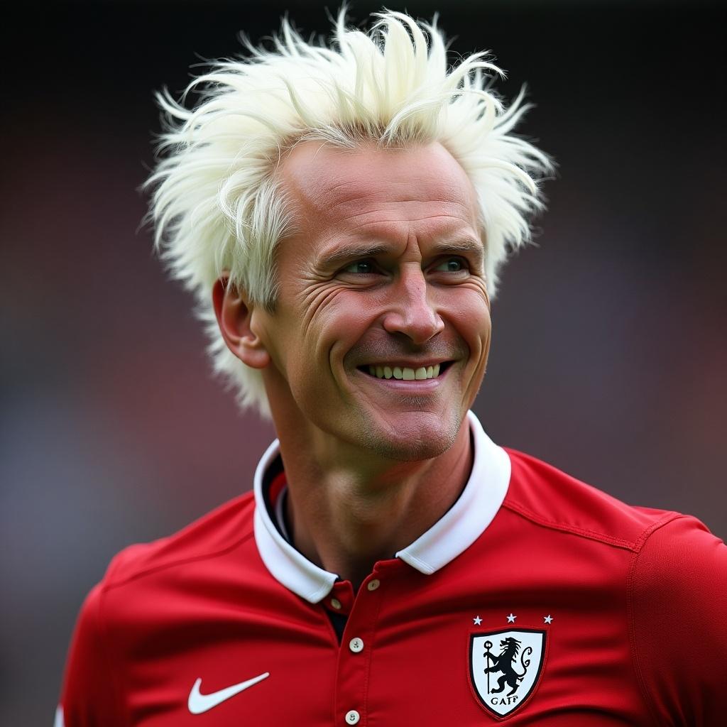 Man with platinum blonde spiky hair smiles. Wears red football jersey with logo. Natural setting, focus on facial expression.