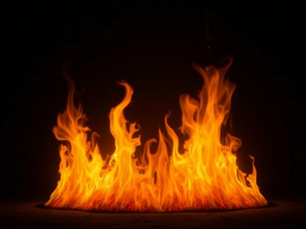 The image features a vibrant display of flames against a solid black background. The fire dances in various shades of yellow, orange, and red, creating a sense of movement and energy. Each flame appears to leap and sway, contributing to the overall chaotic beauty of the scene. The image has a high degree of contrast, making the flames pop out dramatically against the dark backdrop. This visual evokes feelings of warmth and intensity, as if inviting viewers to feel the heat of the fire.