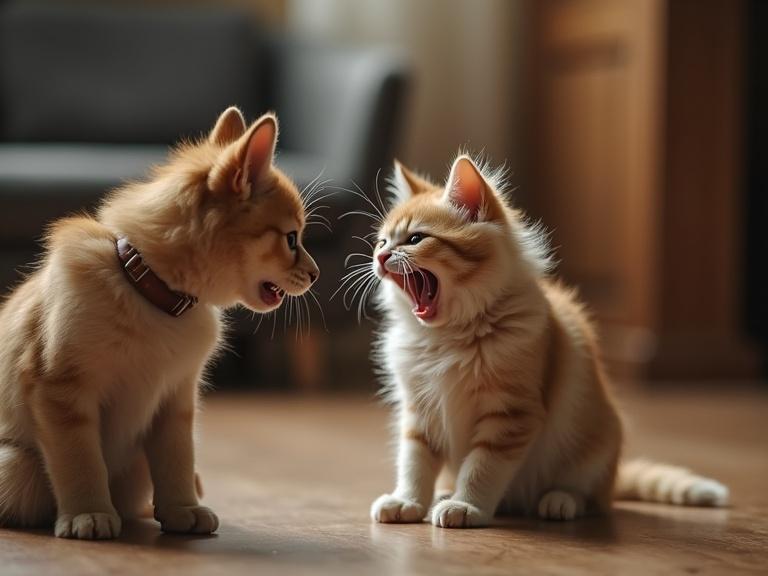 Two angry cats facing each other with raised fur in a cozy indoor setting. One has a collar and long fur. Natural light highlights their expressions.