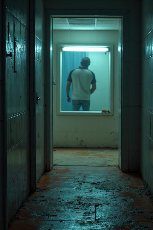 Image depicts a dimly lit corridor leading to a room with a figure standing inside. The lighting features a cool blue tint from a neon source. The floor appears worn and dirty, adding to the atmosphere.