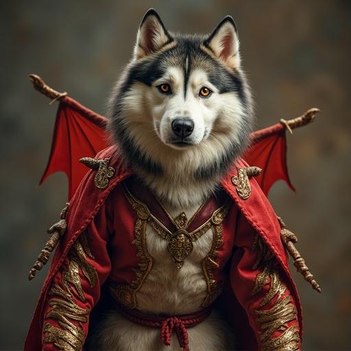 Malamute dressed in a dragon costume features red wings and ornate clothing. The dog poses confidently, showcasing its outfit against a textured background.