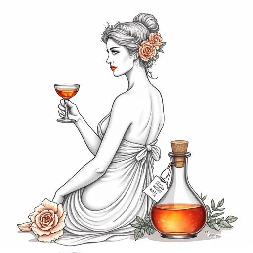 Highly detailed line art of a beautiful goddess. Shirtless, mid-thirties, offering toast with cocktail glass. Wearing a translucent silk wrap, flower behind her ear, golden-reddish lips. Looking over shoulder. Lower apothecary bottle nearby, glowing contents, cork lid, elegant tag 'ALFRUNO'. Surrounded by roses and green herbs.