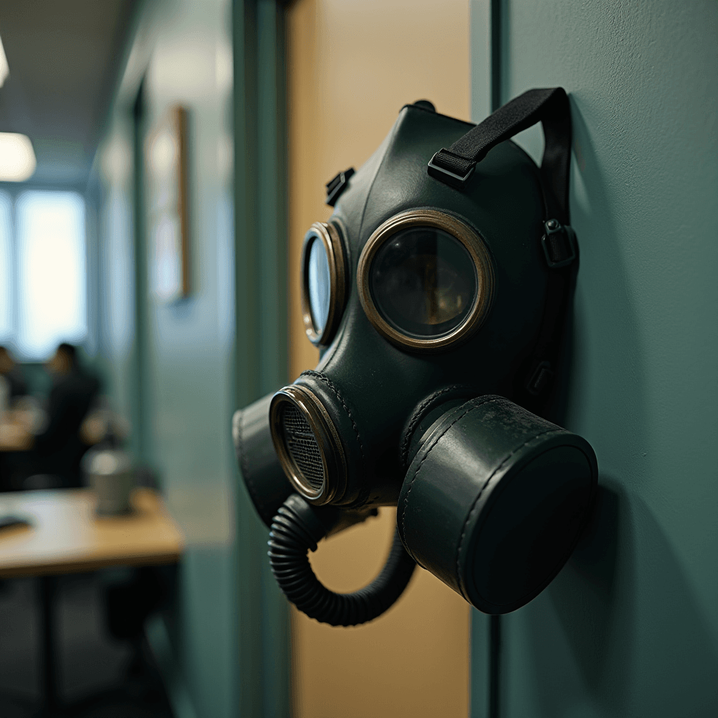 A gas mask hangs on a green wall in an office environment.