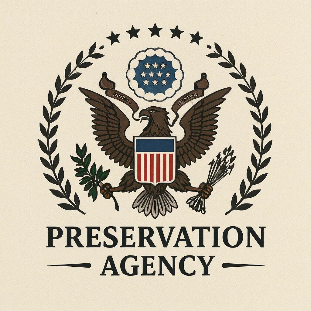 Design a logo for a preservation agency. The logo should reflect authority and power. Incorporate a symbolic eagle, emblematic of government agencies. Include elements representing preservation of online communities and historical narratives.