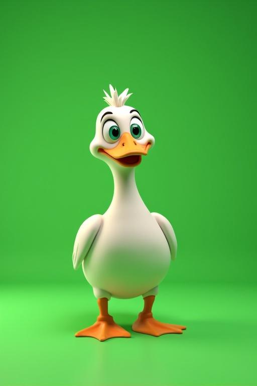 3D cartoon duck on a green screen. Duck has a happy expression. Features large expressive eyes and a fluffy crest on its head.