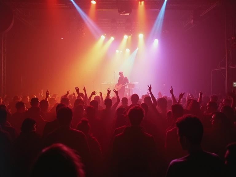 Energetic scene at a Berlin techno party from 1992. Bright stage lights illuminate performing artist and a crowded audience. People engulfed in the music, hands raised in excitement. Colorful lights create intense mood.