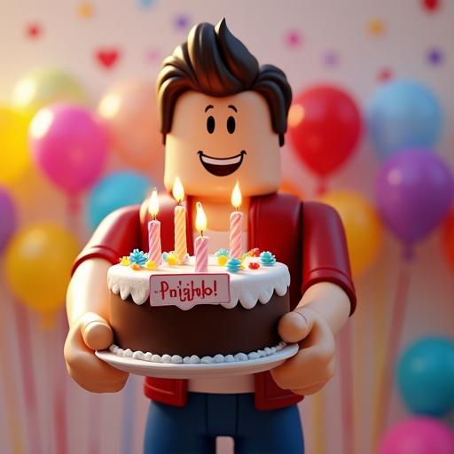 A cartoon character holding a birthday cake with candles and a banner. Colorful balloons surround the character in a party setting. The image conveys excitement and joy.