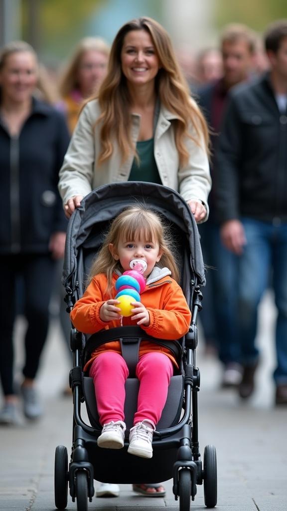 A mother walks with her daughter in a stroller in a crowd. The mother appears dedicated. The daughter wears pink leggings and an orange jacket. The daughter holds a colorful rattle and has a pacifier. People in the crowd seem lively and engaged. The setting is a sidewalk.