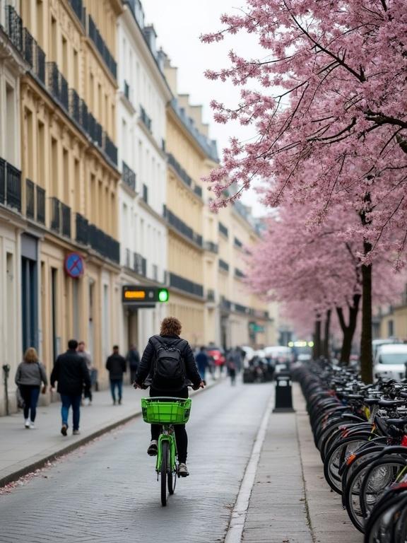 Photograph of a city street during daytime. Overcast sky with beige and white buildings. Classic European architecture featuring balconies with black railings. Bicycles parked in a bike rack. Green bike with green basket in foreground with rider. Person in black jacket and backpack cycling in middle ground. Pedestrians in background. Cherry blossom tree with pink flowers nearby. Street signs and parked cars visible. Cobblestone sidewalk adding charm. Urban environment showing daily life. Peaceful yet bustling scene with soft lighting.