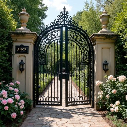 A beautiful ornate wrought iron gate 8 foot tall and 16 foot wide. The gate has a plaque that reads Amor. The gate is surrounded by a pink and white rose garden.