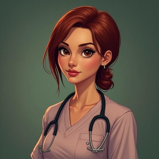 Illustration of a female character resembling a nurse. The character has brown hair styled elegantly and wears a light purple top with a stethoscope. Focused on a professional appearance, plain background enhances the character.