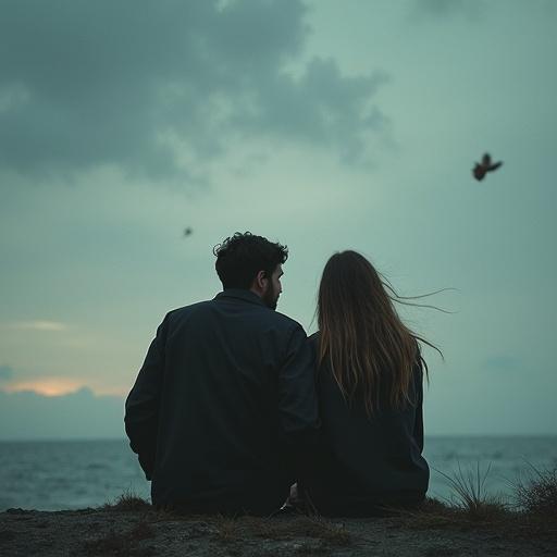 Realistic cover for song 'Parole nel Vento' by Selene Riva. Young couple on cliff in a windy day. They are close but emotionally distant. Man gazes down lost in thought. Woman's eyes are closed, hair blown by the wind. Papers fly around symbolizing forgotten words. Cloudy sky with soft light create dramatic atmosphere. Scene is photographic with realistic details in faces and autumn clothes.