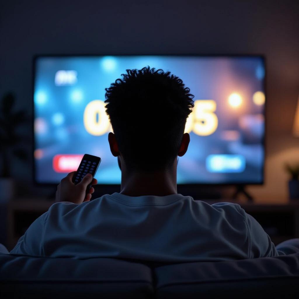 Over the shoulder shot of a person sitting on a couch in a dark room. The person holds a remote control. The TV screen brightly illuminates their face. The TV displays a generic game show. The shot is cinematic and photorealistic with 8k resolution.