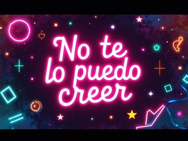 YouTube channel banner design with dimensions 2560x1440 in retro fluorescent style. Center text includes glowing phrase 'No te lo puedo creer'. Background features neon colors and geometric shapes for visual impact.