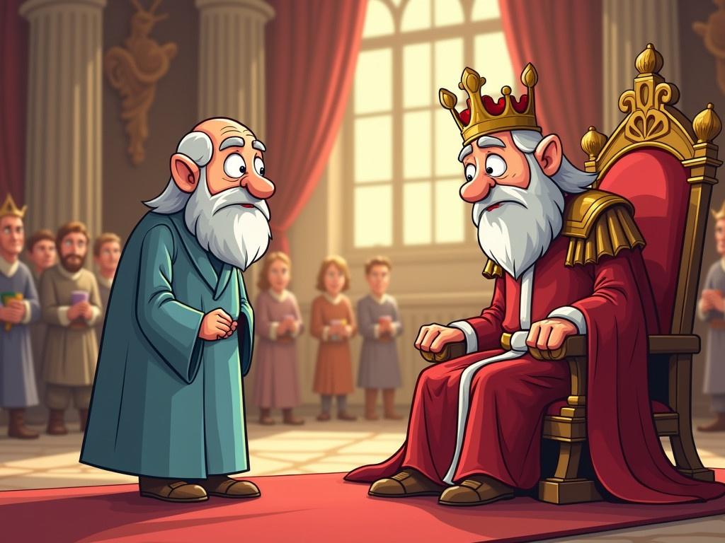 A cheerful cartoon illustration of an old man named Daniel standing confidently in the royal court room, facing the king. The court room is lavishly decorated, showcasing the king's subjects who are watching the interaction. Daniel is dressed in a simple light blue robe, which signifies his wisdom and confidence but has no smile on his face. The king is seated on a grand throne, adorned in royal red and gold clothing that reflects his power and authority. He gazes at Daniel with a look of sadness all over his face, highlighting the tension of the moment.