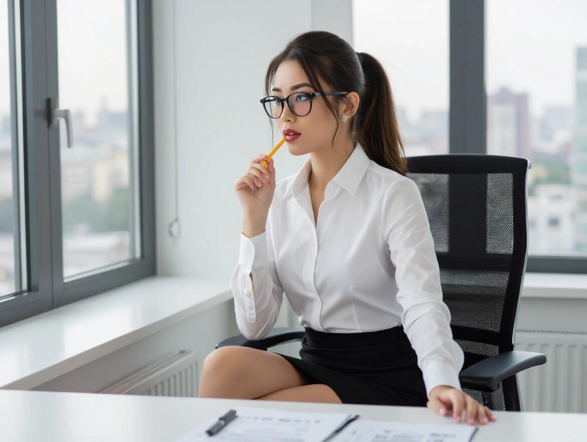 Woman of Asian descent with brunette hair is seated in an office chair. She's wearing a short business skirt and a white blouse. She is chewing on a pencil eraser and concentrating on her job. She ignores the camera and has a ponytail. The setting is modern with large windows and a city view.