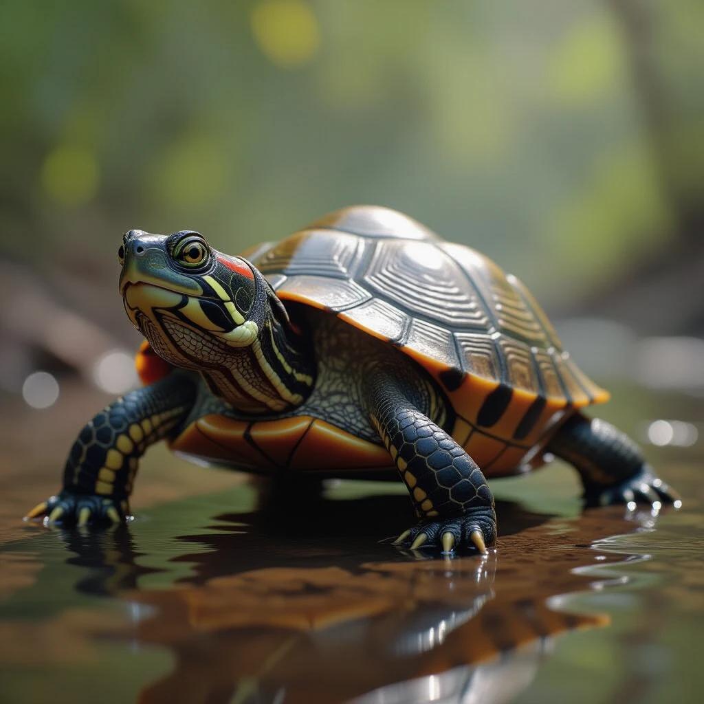 Hyper-realistic representation of a Trachemys Scripta Scripta turtle. The turtle stands in water at a low angle. Background features a blurred natural setting. Bright colors on the turtle's shell are prominent.