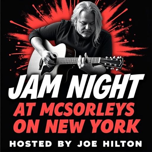 Create a poster design for an event called 'Jam Night' at McSorley's in New York. The poster features the name highlighted in bright, neon-style lights. Include details about it being hosted by Joe Hilton and taking place on Wednesday nights. The overall design should evoke energy and anticipation for live music.
