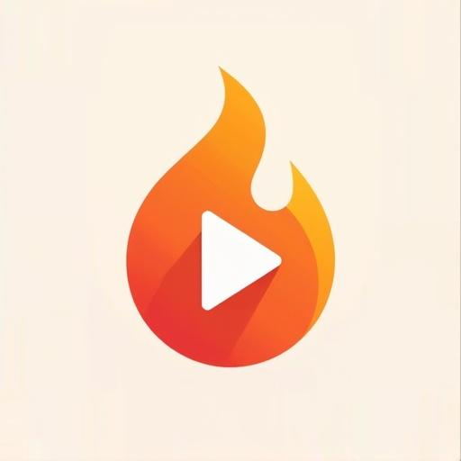 Minimalistic flat icon featuring a play button integrated in an abstract flame shape. The flame has smooth curves and clean lines around the central play triangle. Utilizes warm gradient colors like orange, red, and yellow to express energy and entertainment. Design is bold and modern, tailored for digital use.