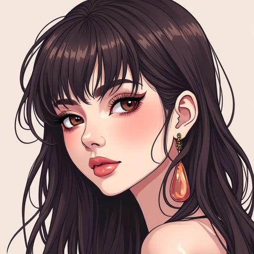 Vector illustration of a feminine boy with long hair. The boy wears makeup and large earrings. The background is a solid color that enhances the subject's features.