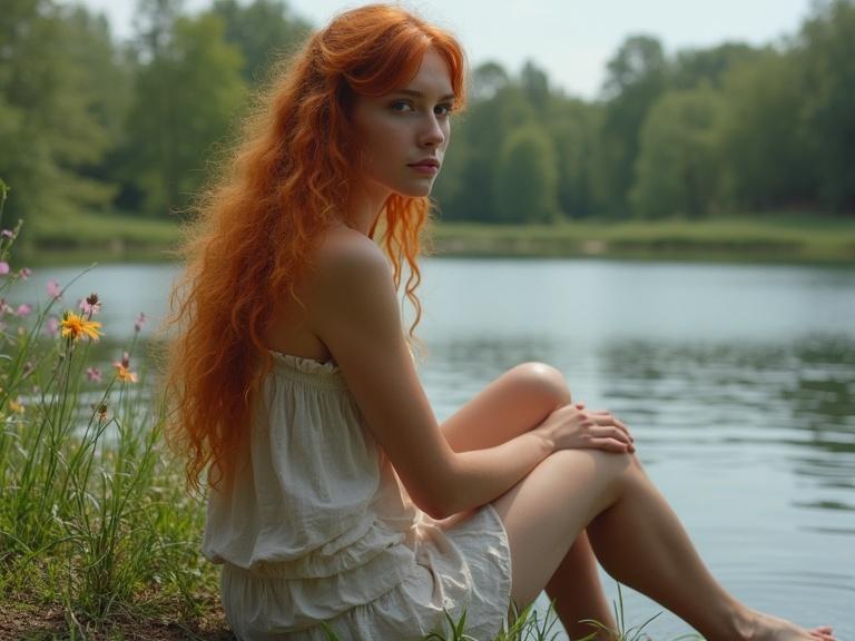 A young light-skinned woman with long ginger hair sits by a calm lake. She has a relaxed expression and is wearing a light summer dress. The background features lush greenery and wildflowers, creating a tranquil summer scene.