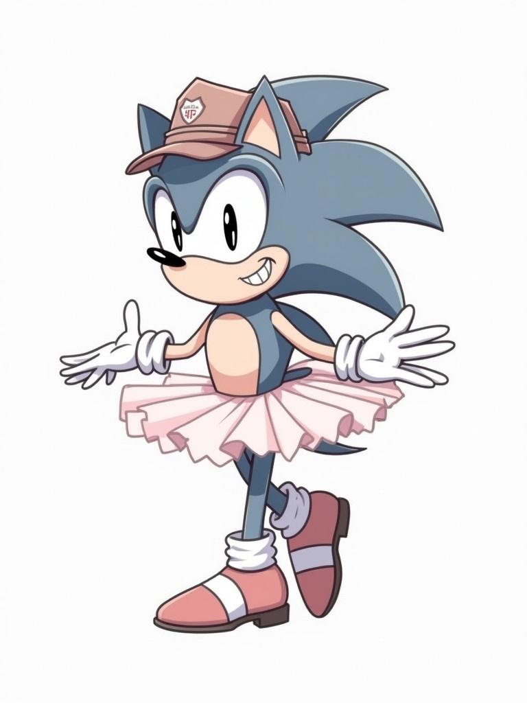 Sonic character wearing a ranger hat and ballet tutu. No background present. Sonic appears cheerful and playful. The character has blue spiky hair and anthropomorphic features. Outfit combines dance and outdoor themes.