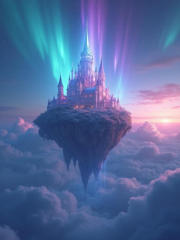 Crystal castle floating above the clouds with glowing lights. Magical sky featuring auroras. Wide angle view showcasing fantasy concept art.