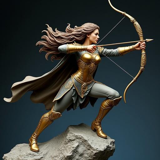 Resin statue of a goddess inspired by the Sagittarius sign. Body is human with elegant armor and mystical details. Dynamic pose unleashing an arrow from a bow. Expression is fierce and determined. Long flowing brown hair blown by the wind. Ethereal mystical armor combines golden plates and dark leather. Floating rock base with galactic background.