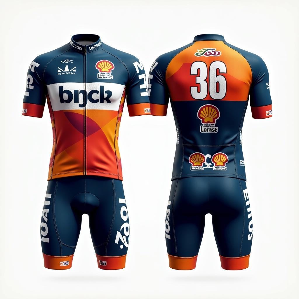 Professional cycling kit design for championship event. Features vibrant colors and patterns. Prominent bicycle numbers displayed on front and sides. Back includes dorsal number above pockets. Spaces for advertising logos. Captures motion and competitiveness in cycling.