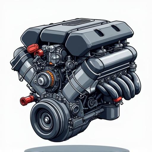 Engine depicted in a cartoon style. Detailed sketch of an engine. Bright colors and exaggerated features.